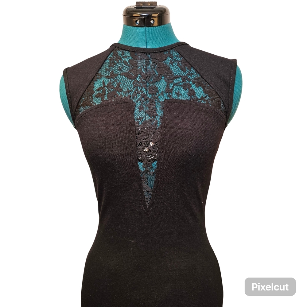 👍Design Lab black stretch knit and lace bodycon back zipper midi dress sz 2 US